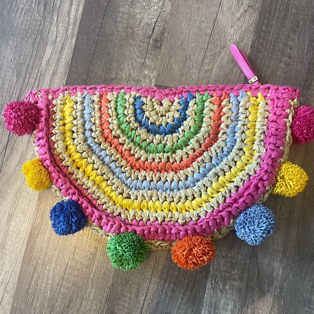 Boden Colorful Raffia Pom Pom Clutch